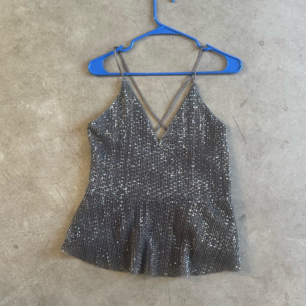 Taupe/Grey Sequin Women's Camisole Peplum with spaghetti straps (S)